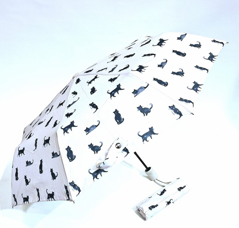  Parapluie mini pliant auto open close gris claire imprimé Chat noir Smati - léger & solide 