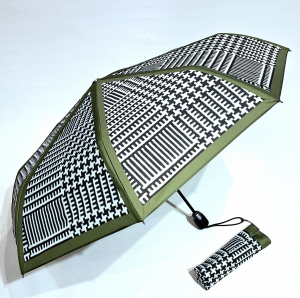 Parapluie mini automatique blanc /noir imprimé pied de poule "DandyChic" - grand & solide