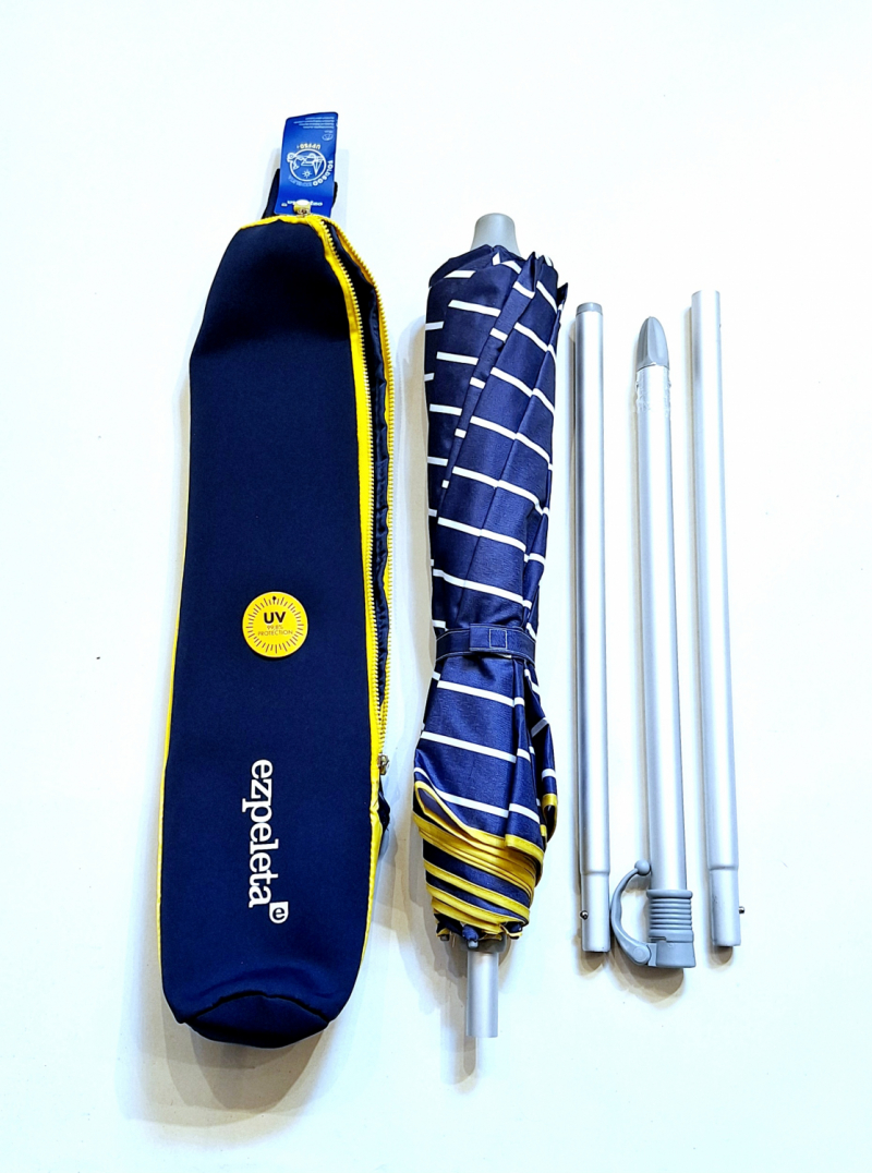 Parasol pliant rayé bleu marine & blanc - ANTI UV 100% - Tube réglable - Grand & résistant