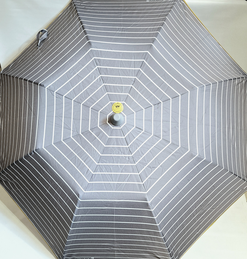 Parasol pliant rayé gris perle & blanc Housse bandoulière - ANTI UV 100% - Grand & résistant