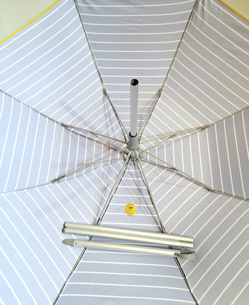 Parasol pliant rayé gris perle & blanc Housse bandoulière - ANTI UV 100% - Grand & résistant