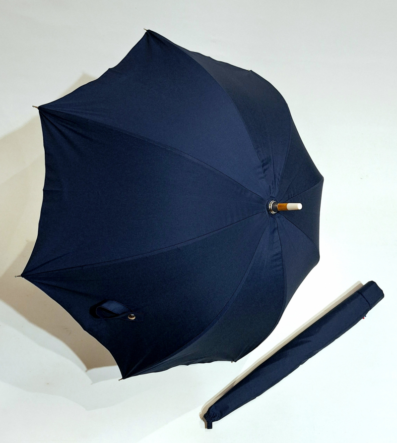 Ombrelle droite en coton bleu marine anti uv 100% poignée cone en bois française - légère et élégante