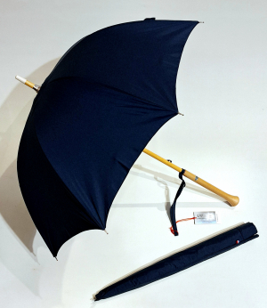 Ombrelle droite en coton bleu marine anti uv 100% poignée cone en bois française - légère et élégante