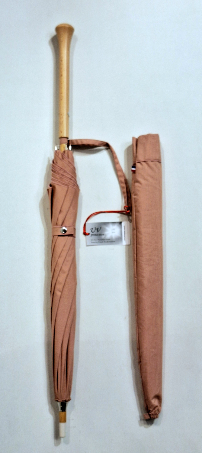 Ombrelle droite en coton rose anti uv 100% poignée cone en bois française - légère et élégante