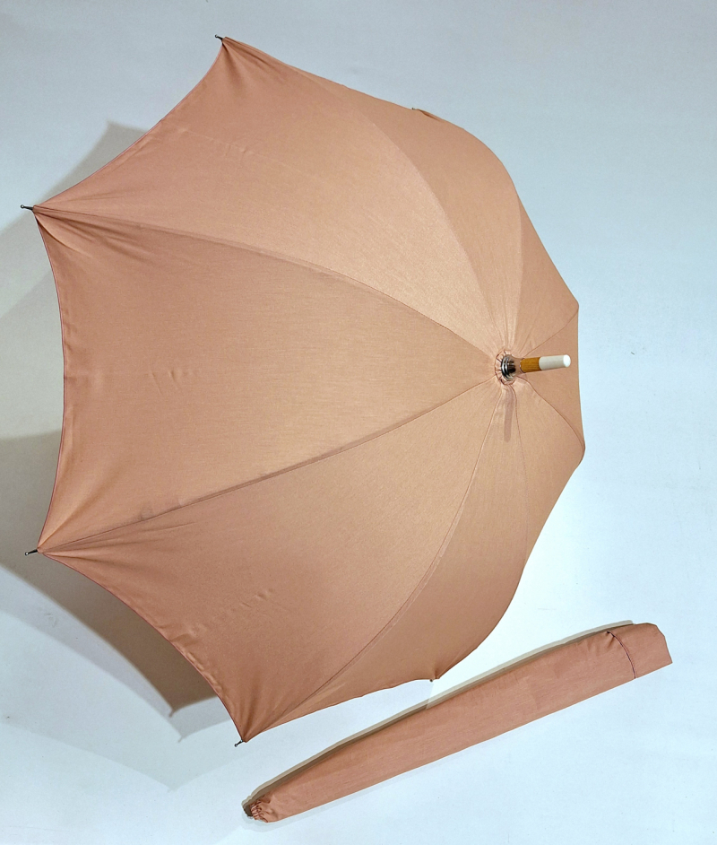 Ombrelle droite en coton rose anti uv 100% poignée cone en bois française - légère et élégante