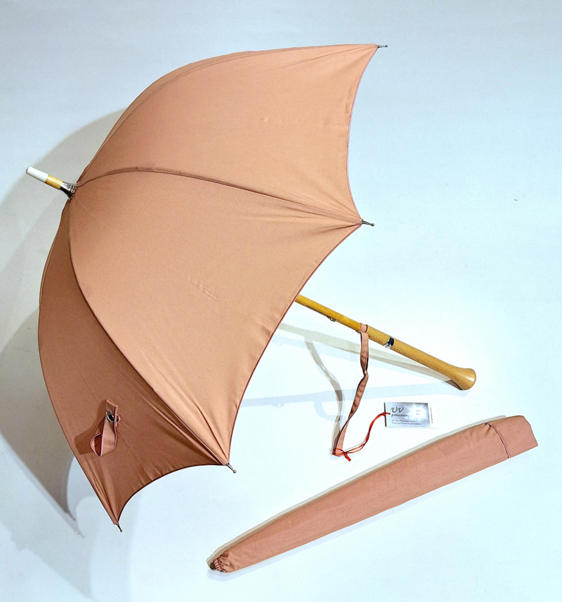 Ombrelle droite en coton rose anti uv 100% poignée cone en bois française - légère et élégante