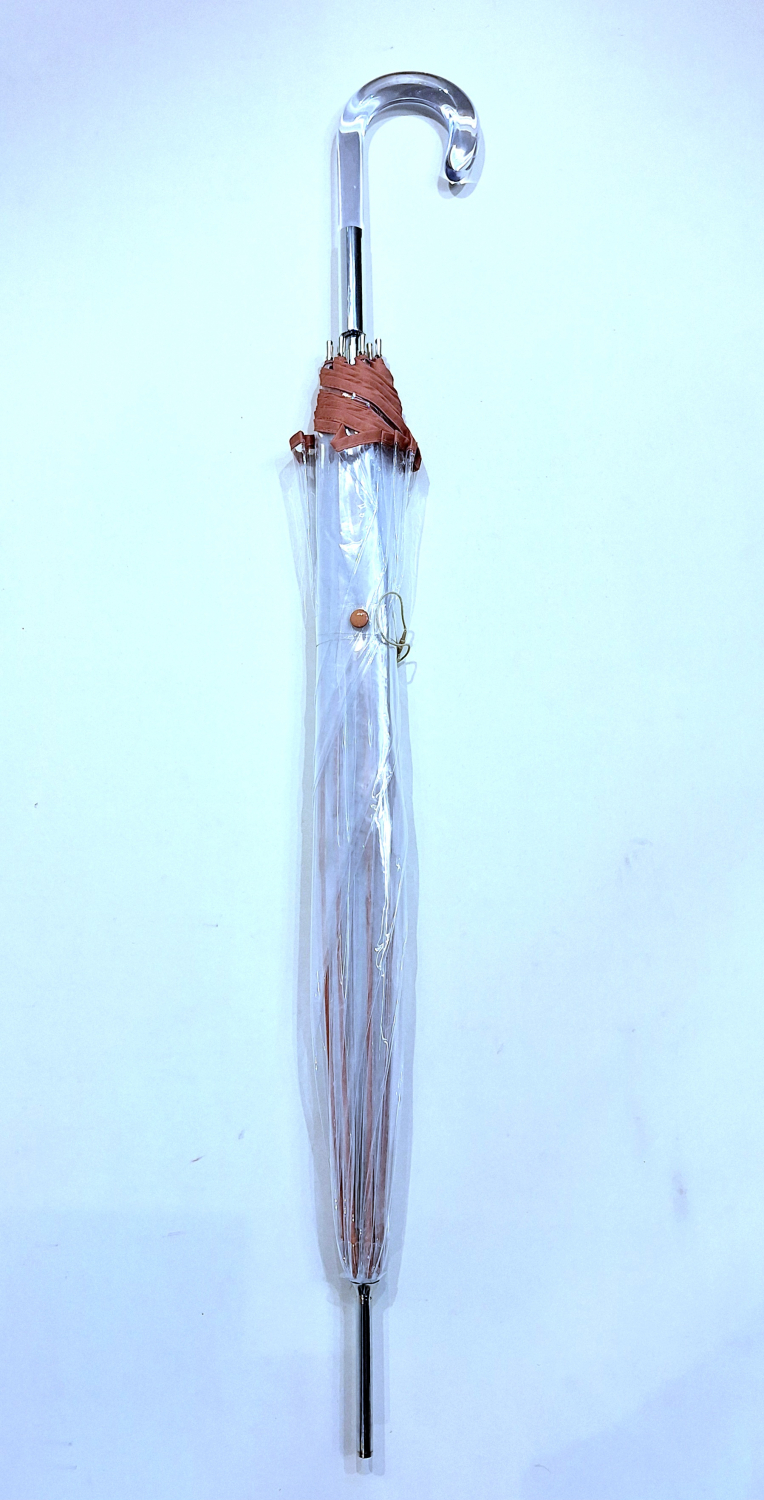 Parapluie long transparent bombé PVC manuel gansé marron grand Ezpeleta - Résistant & ne se retourne pas