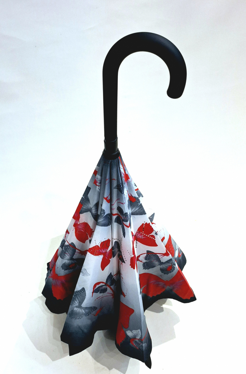 Parapluie inversé doublé gris dégradé papillons rouge anti uv à 100%  Vice versa - original & anti vent