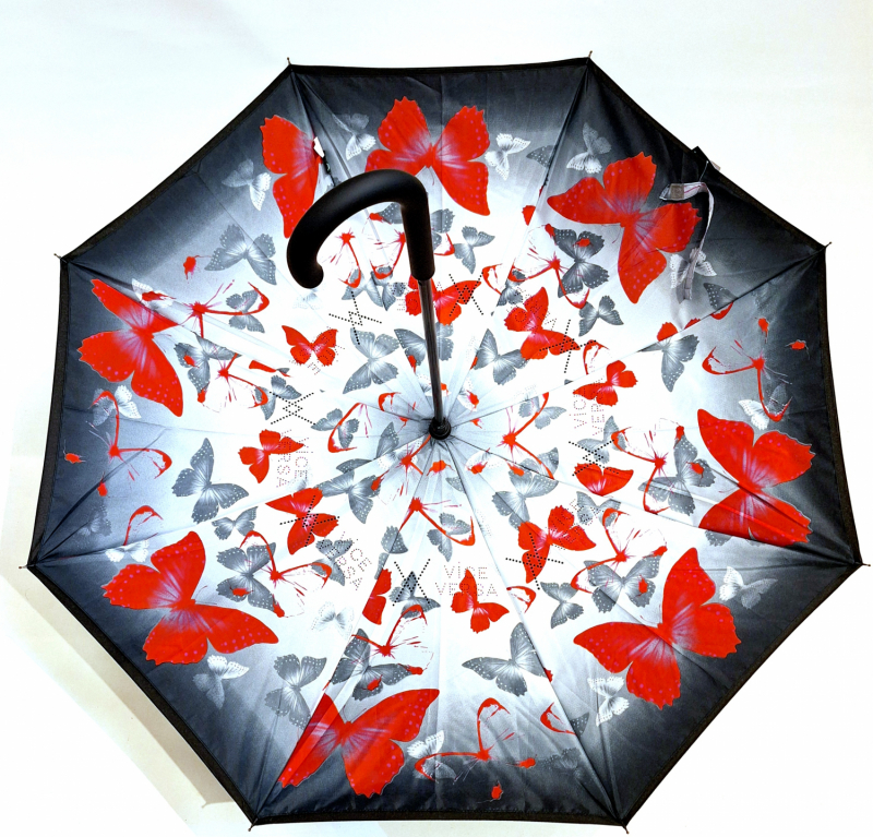 Parapluie inversé doublé gris dégradé papillons rouge anti uv à 100%  Vice versa - original & anti vent