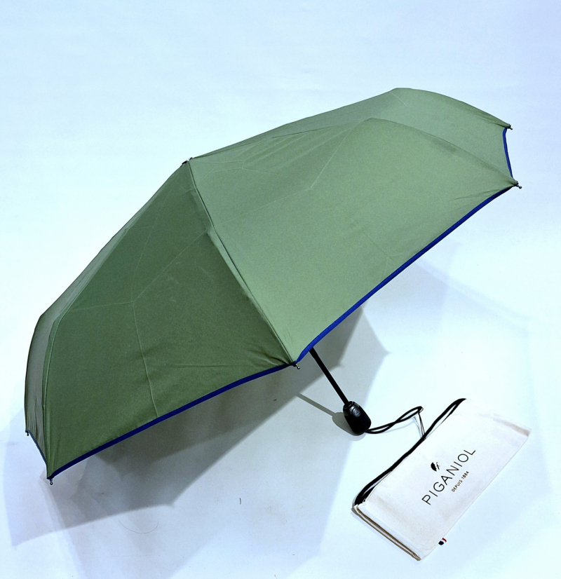 Mini parapluie pliant automatique uni olive biais bleu Piganiol - Léger et solide