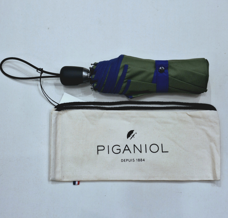 Mini parapluie pliant automatique uni olive biais bleu Piganiol - Léger et solide
