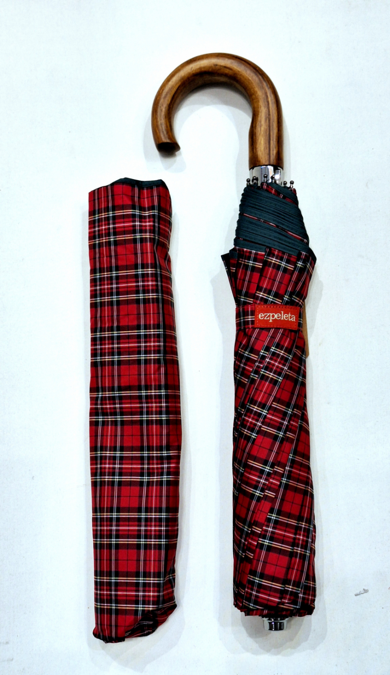 EXCLUSIVITE parapluie pliant automatique rouge écossais poignée bois 10 branches Ezpeleta - grand & ne se retourne pas