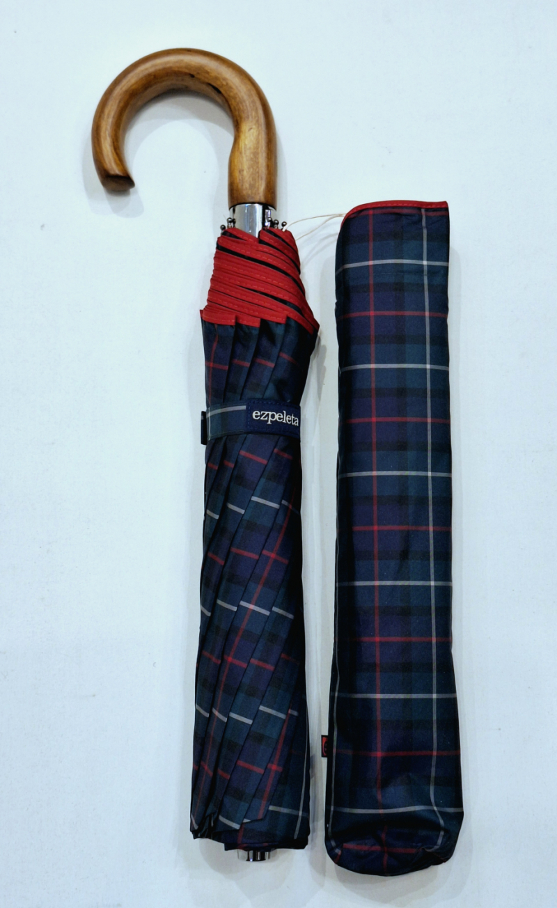EXCLUSIVITE parapluie pliant automatique marine & vert écossais poignée bois 10 branches Ezpeleta - grand & ne se retourne pas