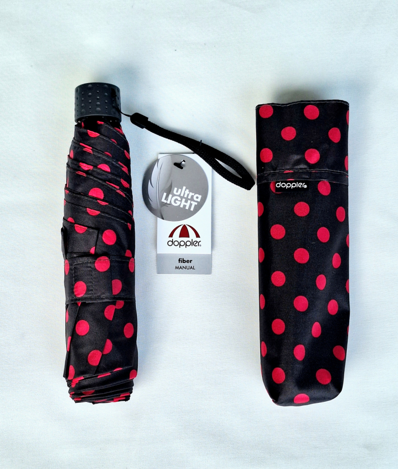 Parapluie mini pliant Super léger manuel noir imprimé pois rose Doppler - Solide 