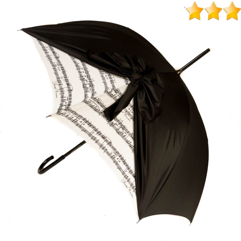 Parapluie de luxe Chantal Thomass long manuel noir à noeud drapé avec des notes de musique, original et résistant