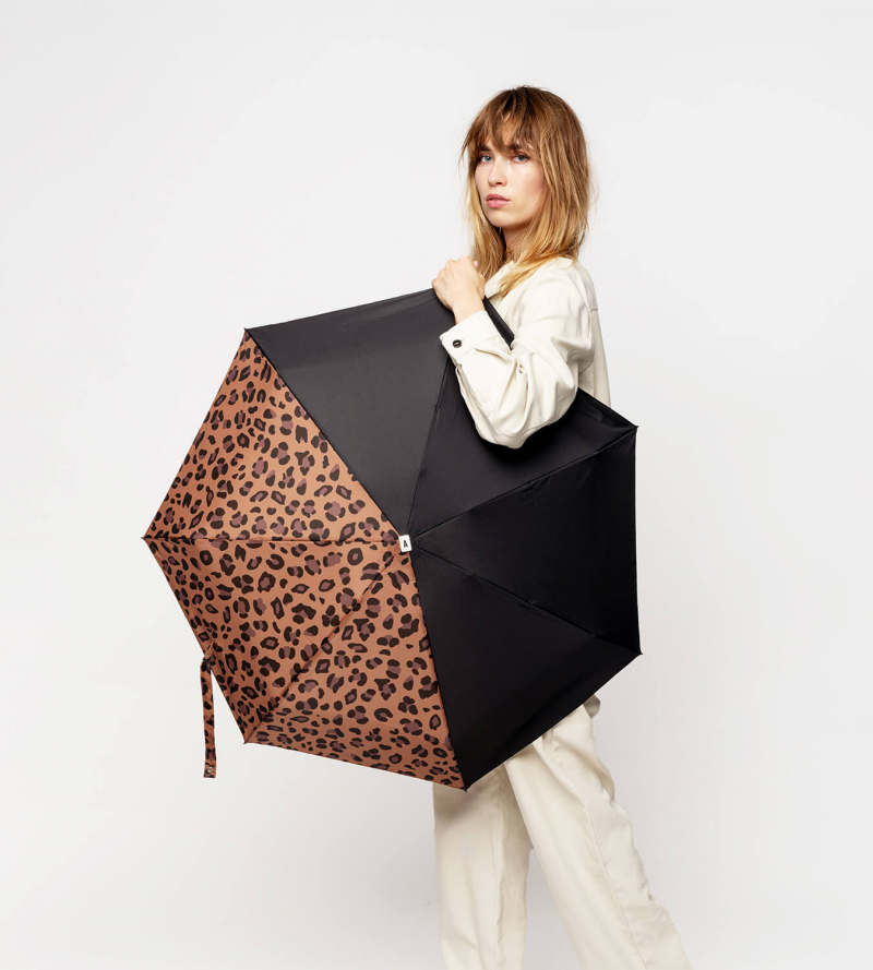 Parapluie Anatole mini plat de poche imprimé poignée bois - Leopard & Noir - JULIETTE - Léger 220g & solide 7 br TOP