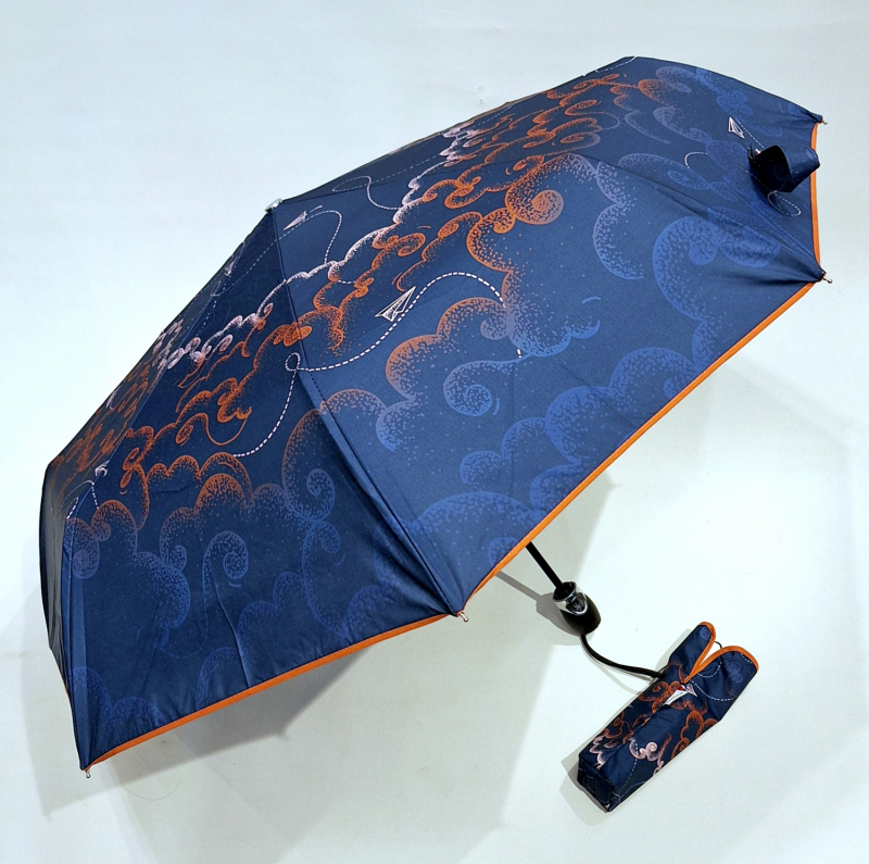 Parapluie pliant français bleu imprimé arabesques ouvrant fermant  - Léger & résistant
