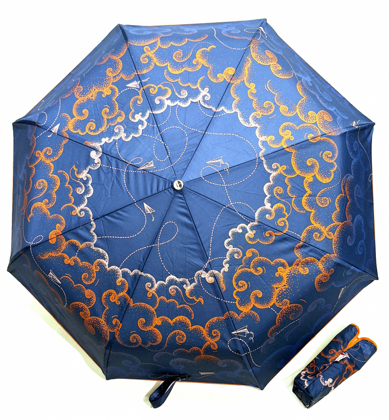 Parapluie pliant français bleu imprimé arabesques ouvrant fermant  - Léger & résistant