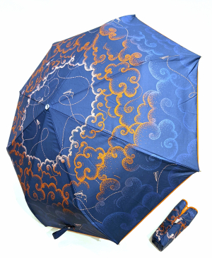 Parapluie pliant français bleu imprimé arabesques ouvrant fermant  - Léger & résistant