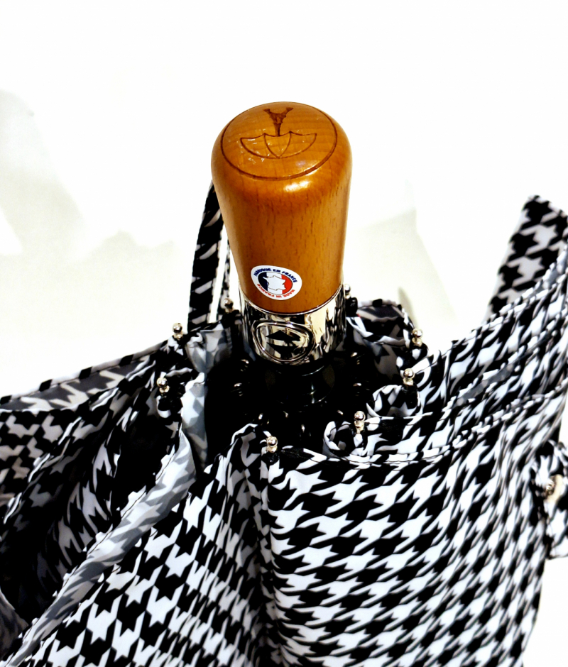 Parapluie français mini pliant blanc & noir pied de poule automatique poignée bois - Grand & résistant