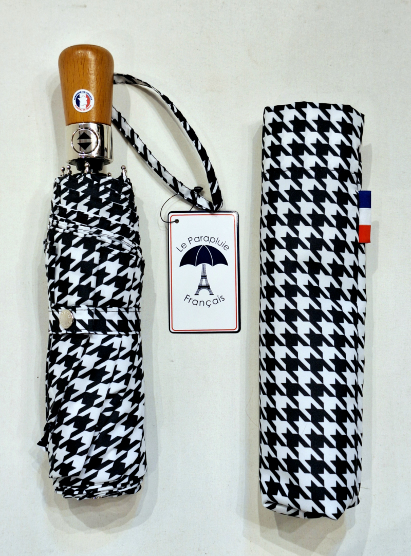 Parapluie français mini pliant blanc & noir pied de poule automatique poignée bois - Grand & résistant