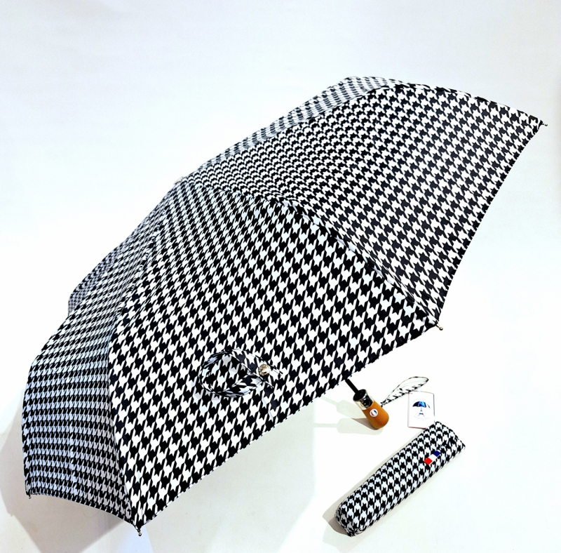 Parapluie français mini pliant blanc & noir pied de poule automatique poignée bois - Grand & résistant