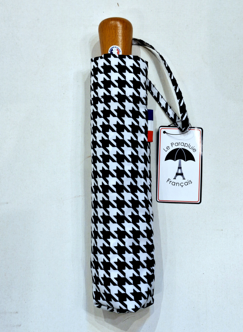 Parapluie français mini pliant blanc & noir pied de poule automatique poignée bois - Grand & résistant