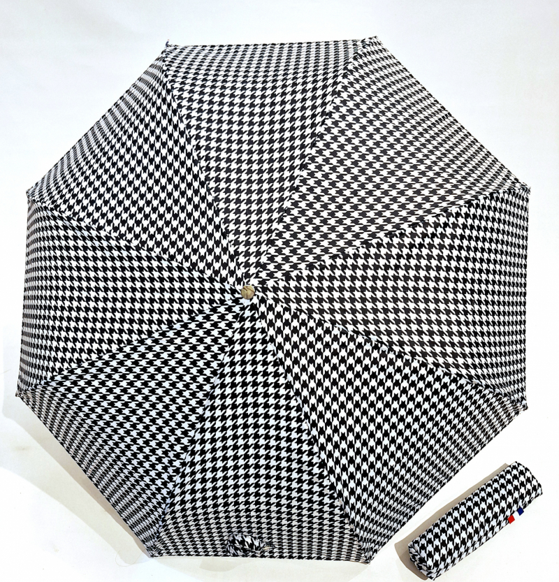 Parapluie français mini pliant blanc & noir pied de poule automatique poignée bois - Grand & résistant