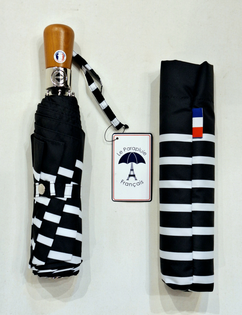 Parapluie français mini pliant noir & blanc à rayure automatique poignée bois - Grand & résistant
