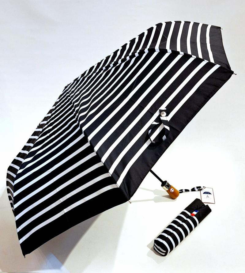 Parapluie français mini pliant noir & blanc à rayure automatique poignée bois - Grand & résistant