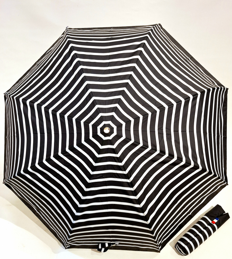 Parapluie français mini pliant noir & blanc à rayure automatique poignée bois - Grand & résistant