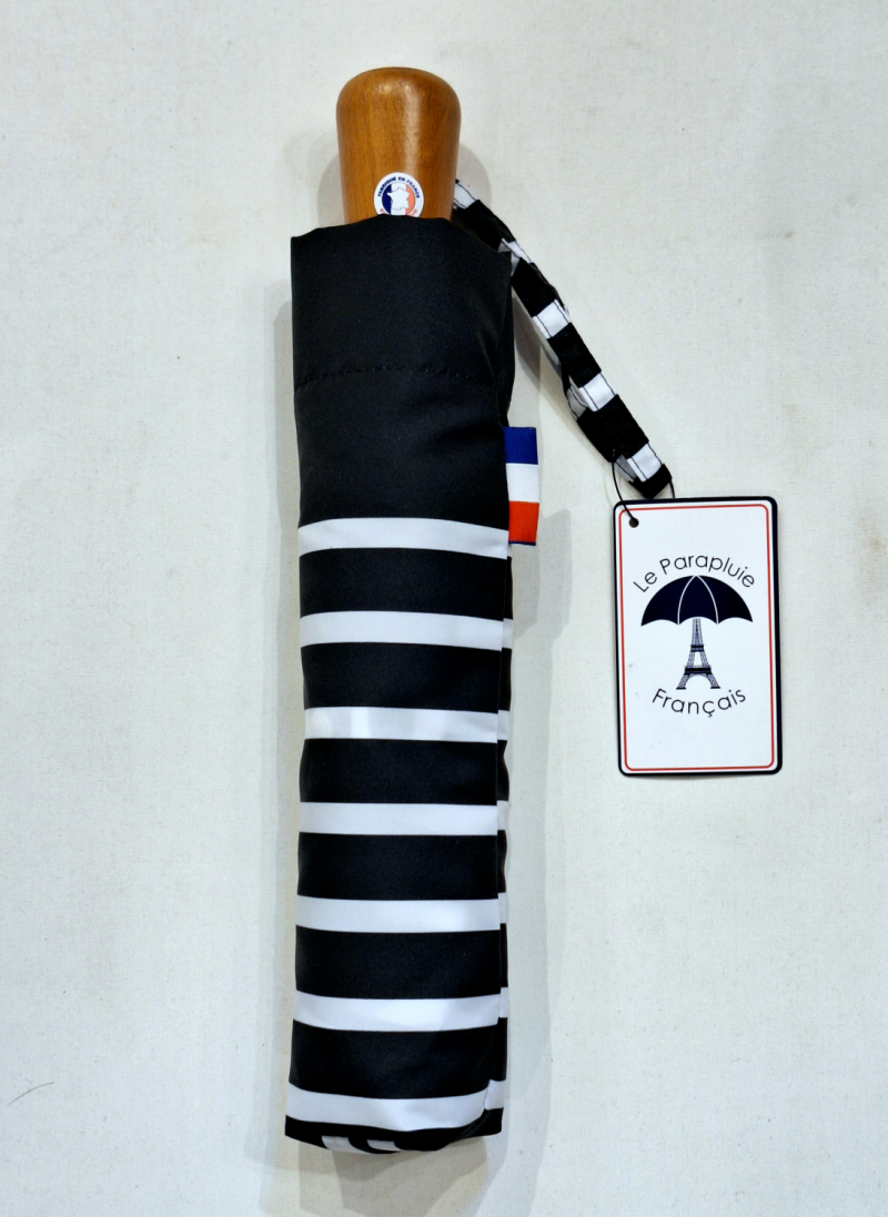 Parapluie français mini pliant noir & blanc à rayure automatique poignée bois - Grand & résistant