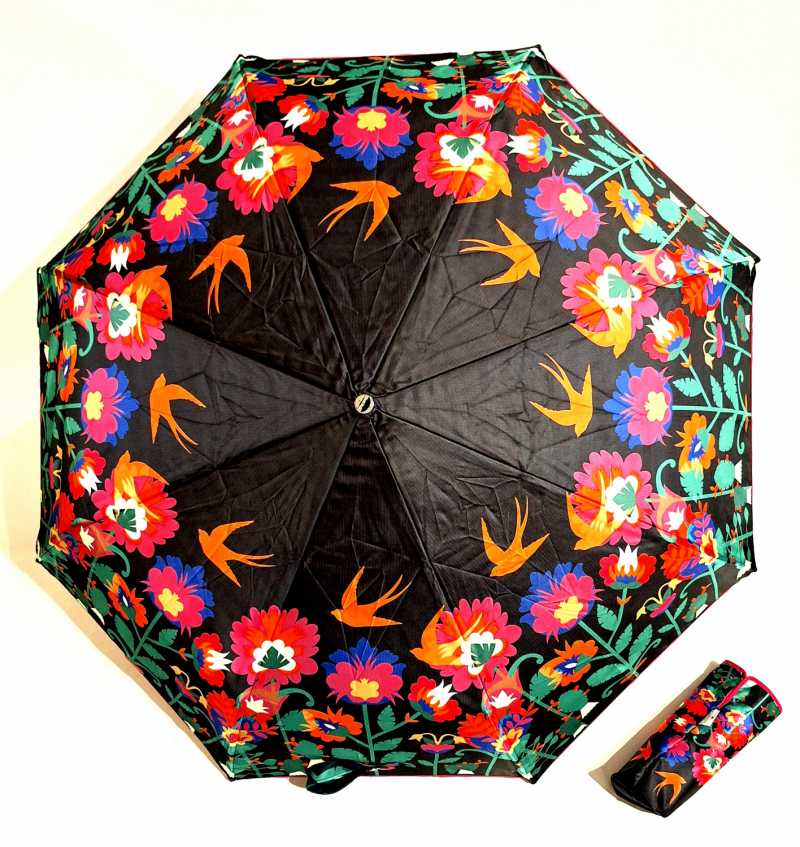 Parapluie pliant français noir imprimé coloré d'oiseaux ouvrant fermant Rooibos Piganiol - Léger & résistant