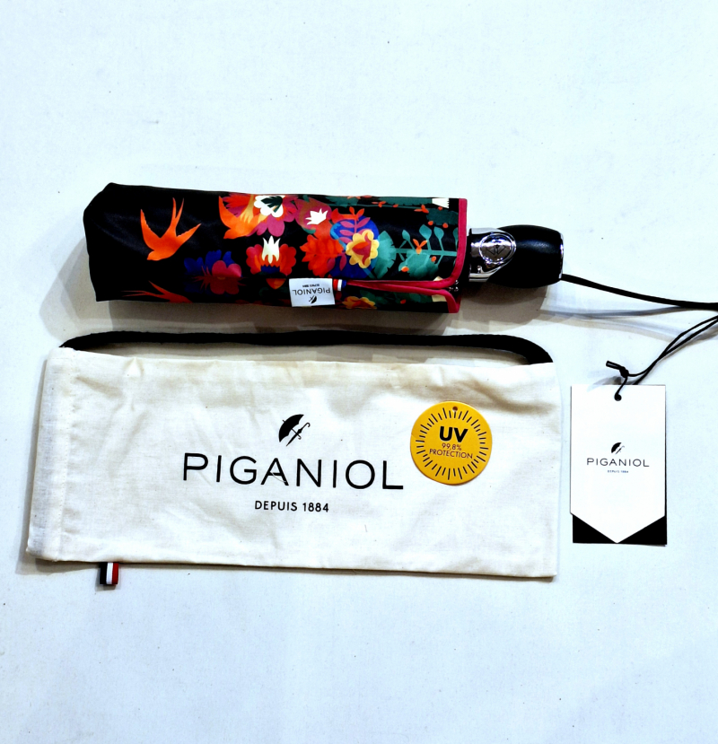 Parapluie pliant français noir imprimé coloré d'oiseaux ouvrant fermant Rooibos Piganiol - Léger & résistant
