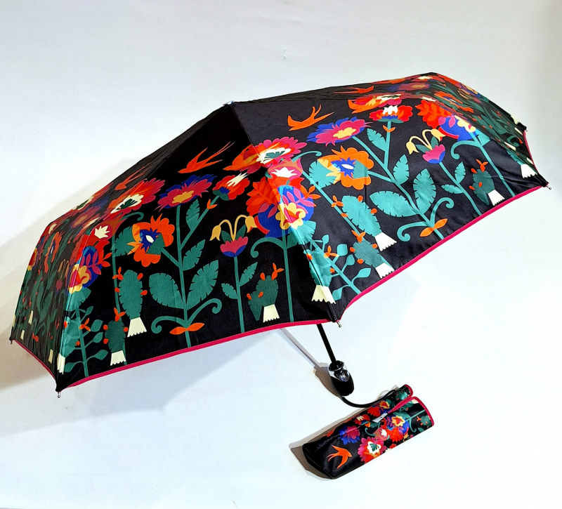 Parapluie pliant français noir imprimé coloré d'oiseaux ouvrant fermant Rooibos Piganiol - Léger & résistant