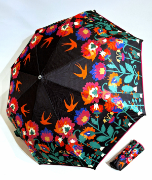 Parapluie pliant français noir imprimé coloré d'oiseaux ouvrant fermant Rooibos Piganiol - Léger & résistant