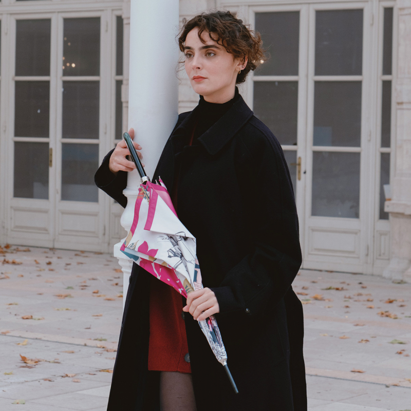 Parapluie grand manuel imprimé blanc & rose Ballerine Opéra Paris Piganiol - léger & résistant