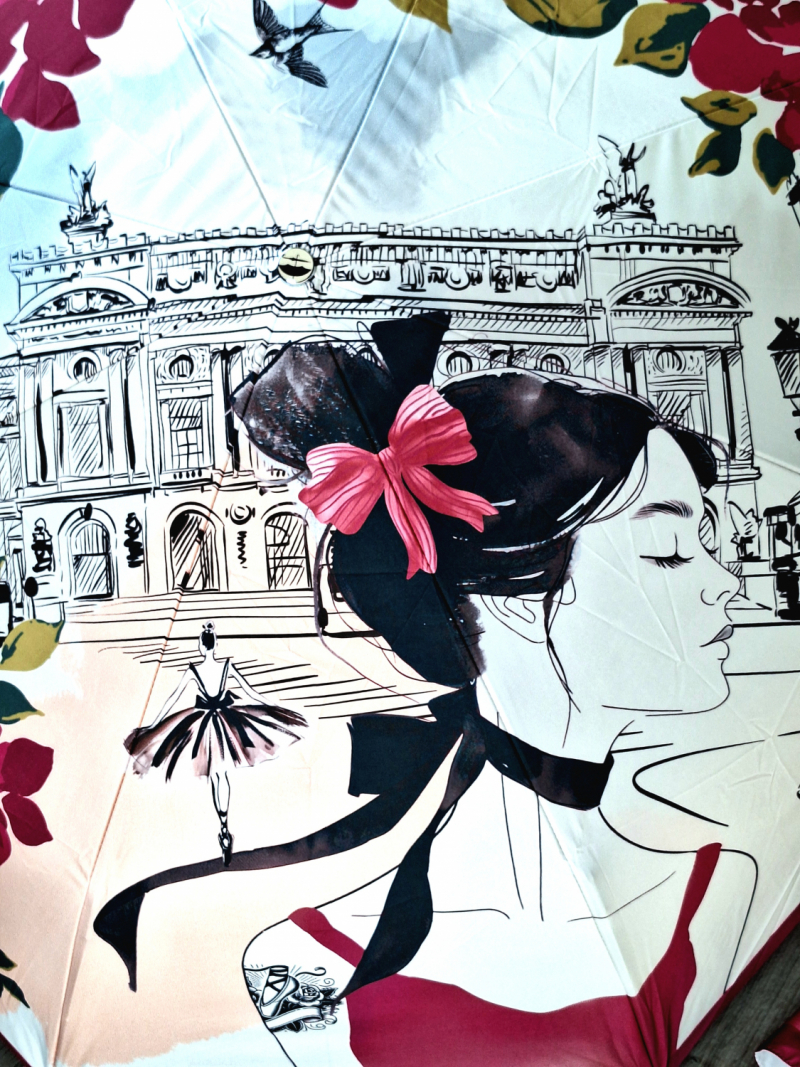 Parapluie grand manuel imprimé blanc & rose Ballerine Opéra Paris Piganiol - léger & résistant