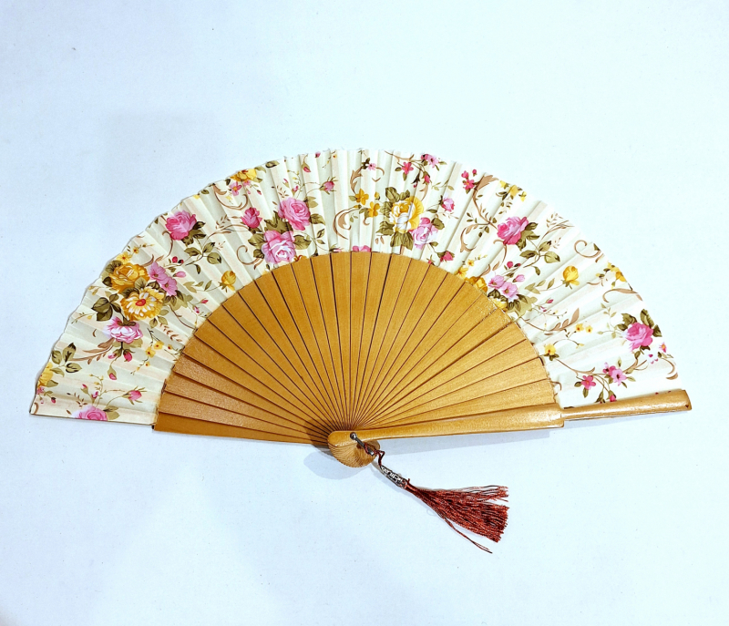 Grand éventail 27 cm - Roses & Orange tissu en coton imrimé fleurs bois naturel - 51 cm diam