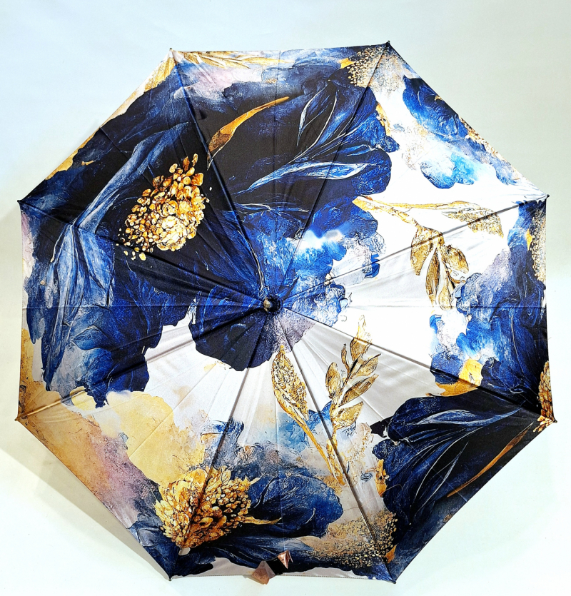 Parapluie Doppler élégant long automatique bleu & jaune imprimé floral - Qualité & résistant 