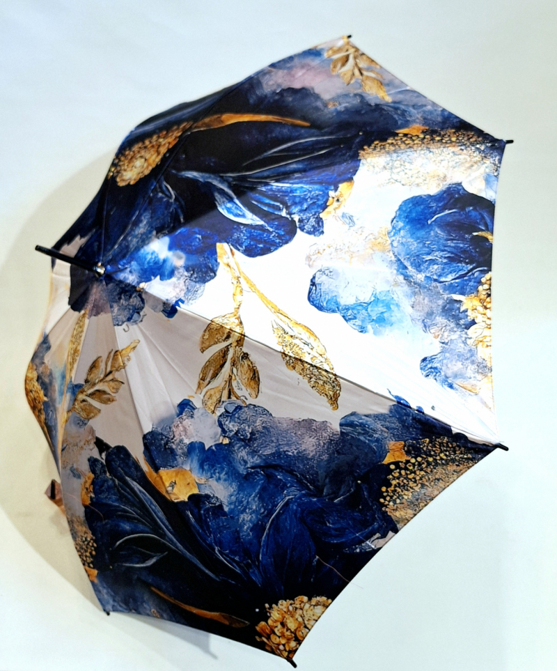 Parapluie Doppler élégant long automatique bleu & jaune imprimé floral - Qualité & résistant 
