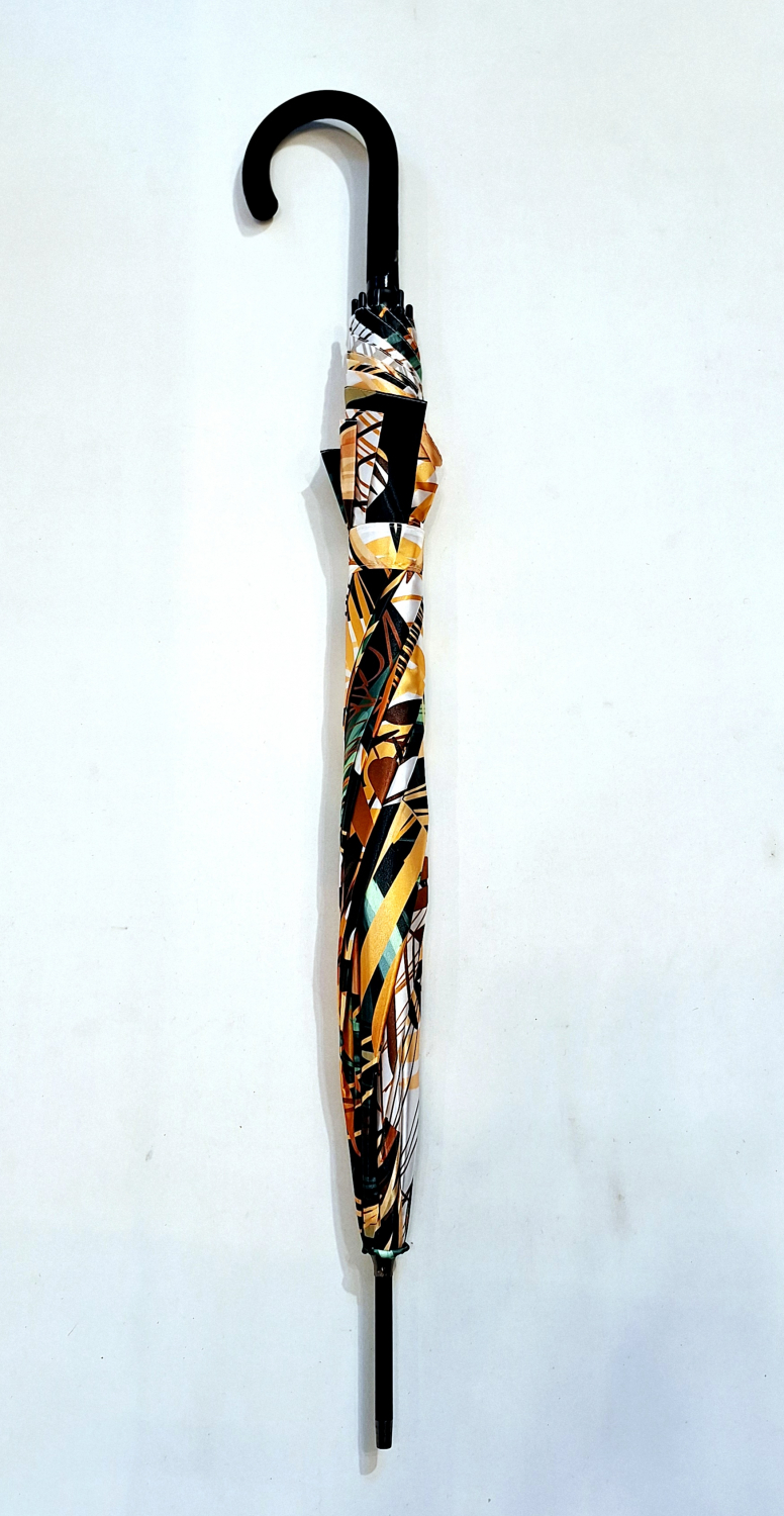 Parapluie Doppler élégant long automatique beige et marron imprimé grandes feuilles - Qualité & résistant 