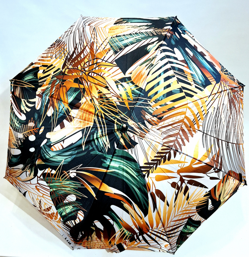 Parapluie Doppler élégant long automatique beige et marron imprimé grandes feuilles - Qualité & résistant 