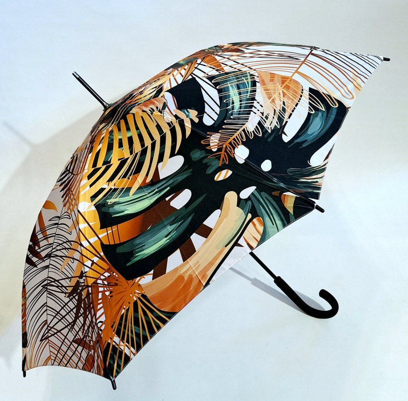 Parapluie Doppler élégant long automatique beige et marron imprimé grandes feuilles - Qualité & résistant 