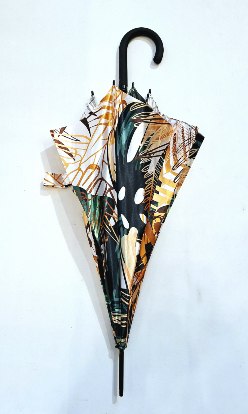 Parapluie Doppler élégant long automatique beige et marron imprimé grandes feuilles - Qualité & résistant 