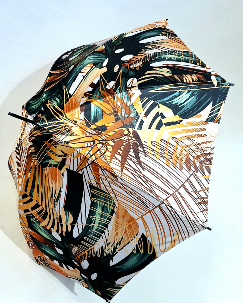 Parapluie Doppler élégant long automatique beige et marron imprimé grandes feuilles - Qualité & résistant 