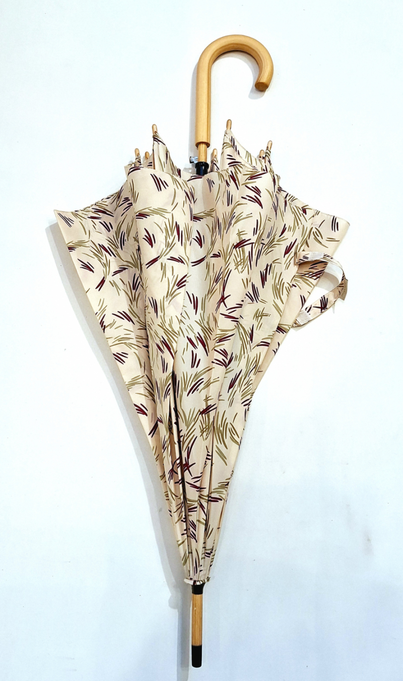 Parapluie Doppler long en bois automatique beige & vert imprimé Nature poignée claire - Qualité & résistant 