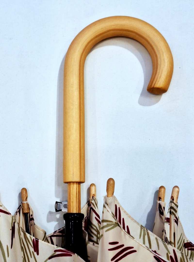 Parapluie Doppler long en bois automatique beige & vert imprimé Nature poignée claire - Qualité & résistant 