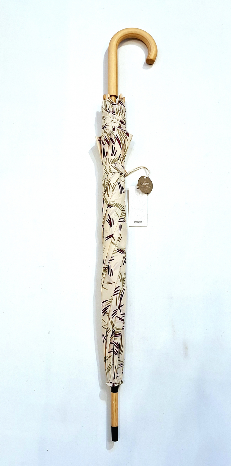 Parapluie Doppler long en bois automatique beige & vert imprimé Nature poignée claire - Qualité & résistant 