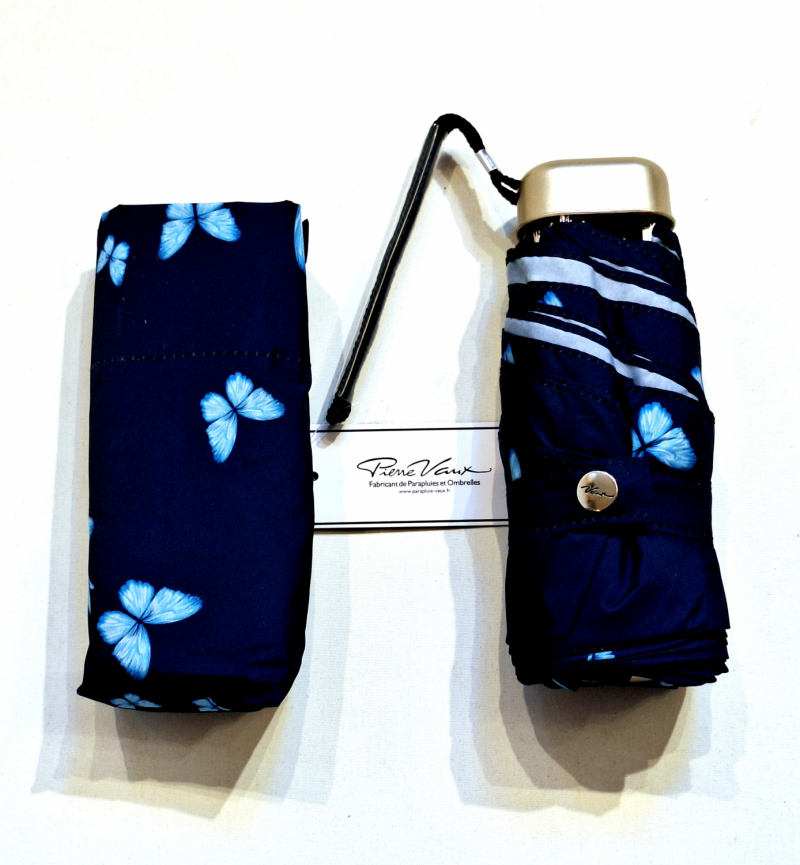 Parapluie de poche micro plat papillon bleu Vaux français - Petit 16cm - Léger manuel & 7 brches résistant - Top qualité